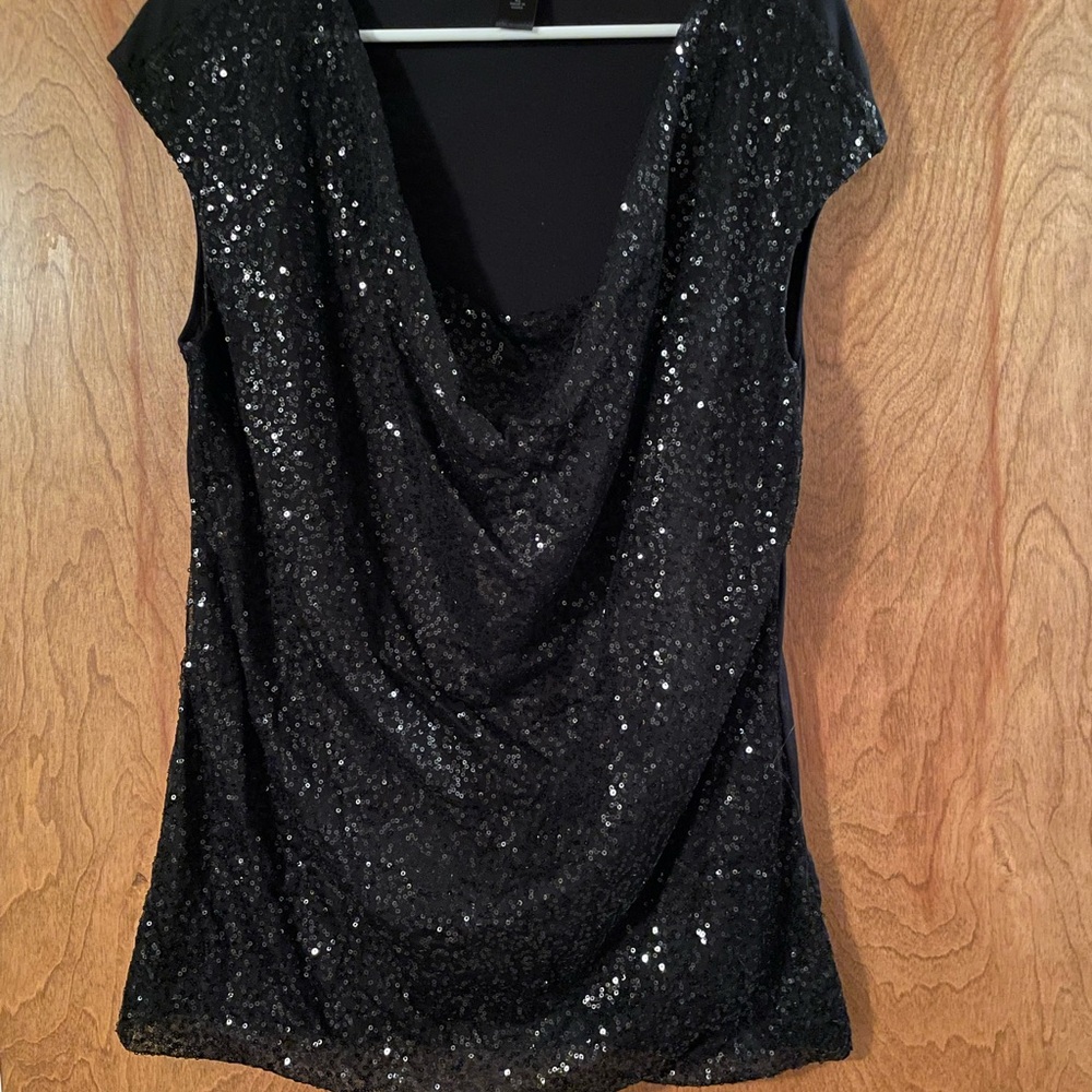 Ann Taylor Black Sequin Drape Blouse, XL